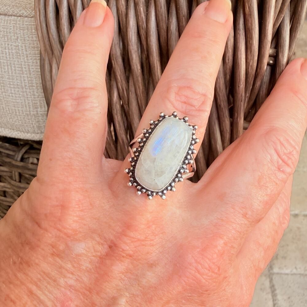 Rainbow Moonstone 925 Silver Overlay Ring Size 9